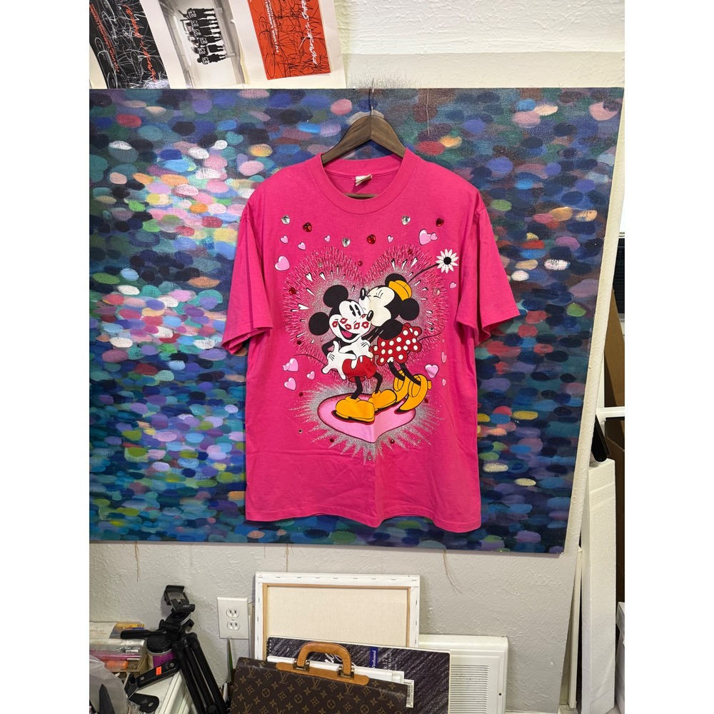 Vintage Disney Store Mickey Minnie Mouse Pink Heart Rhinestone Graphic Tee XL